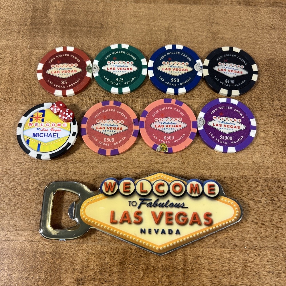 Lot Of 9 High Roller Casino Poker Chip Magnets Welcome To Las Vegas Nevada